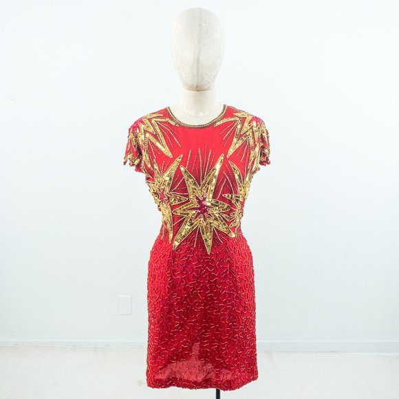 Vintage 80s 90s S/M July 4th Fireworks Silk Party Beaded Dress Holiday Stars - Picture 15 of 16
